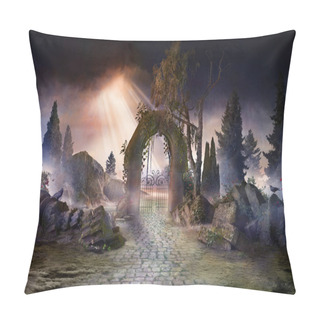 Personality  Wuthering Heights, Dark, Atmospheric Landscape With Archway And Fir Trees, Sunbeams After Thunderstorm Pillow Covers