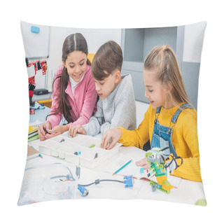 Personality  Preteen Schoolchildren Making Robot With Details In Stem Education Class Pillow Covers