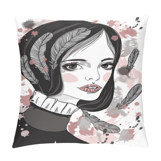 Personality  Portrait Of Beautiful Girl With White Feathers In Her Hair. Fashion Illustration On Abstract Background. Print For T-shirt Pillow Covers