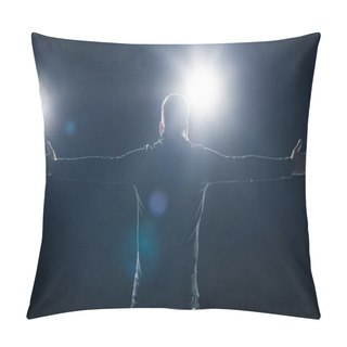 Personality  Man In Black Clothes Standing With Outstretched Arms In Bright Light Pillow Covers