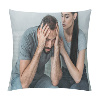 Personality  Young Woman Supporting Depressed Frustrated Boyfriend Sitting On Couch   Pillow Covers