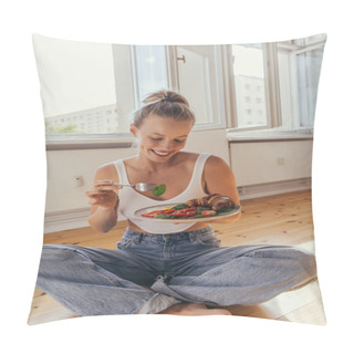 Personality  Smiling Young Woman Holding Delicious Breakfast On Plate While Sitting On Floor At Home  Pillow Covers