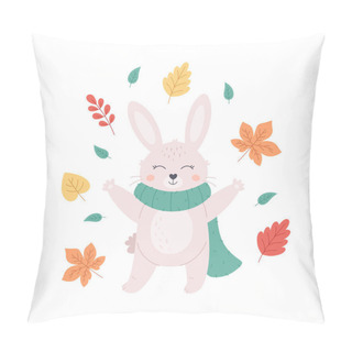 Personality  Cute White Bunny In Scarf With Autumn Leaves. Autumn, Hello Autumn. Vector Illustration Pillow Covers