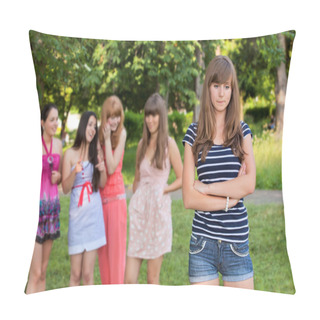 Personality  Upset Teenage Girl With Friends Gossiping In Park Pillow Covers
