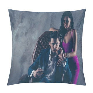 Personality  Portrait Of Brutal Gentleman In Formal Wear Sitting In Leather Chair Holding Glass With Whiskey Cigar In Hands, Charming Pretty Lady Standing Near Looking At Camera Isolated On Grey Background Pillow Covers