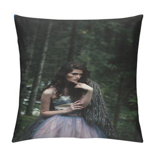 Personality  Portrait Of Romantic Woman In Beautiful Dress In Forest Pillow Covers