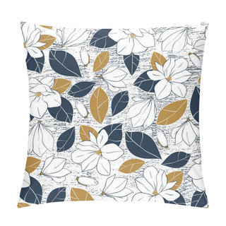 Personality  Botanical Print With Magnolia Flowers,buds And Leaves In Deep Blue And Mustard Colors On Grunge Background. Vector Hand Drawn Illustration. Pillow Covers