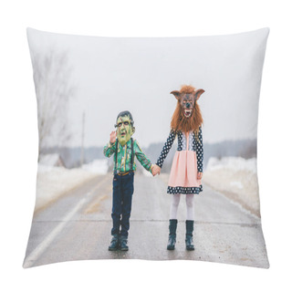 Personality  Obscured View Of Children In Creepy Masks Outdoors Pillow Covers