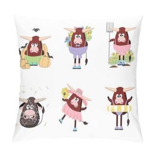 Personality  Bull Character, Cartoon Ox. Symbol Of 2021. Cute Ox Illustration On A White Background. Animal Farm With Horns Character Set. Pillow Covers