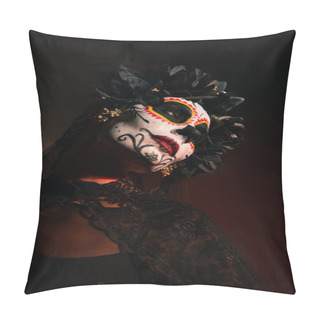 Personality  Woman In Wreath With Black Flowers And Catrina Makeup Looking Away On Burgundy Background  Pillow Covers