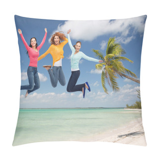 Personality  Group Of Smiling Young Women Jumping In Air Pillow Covers