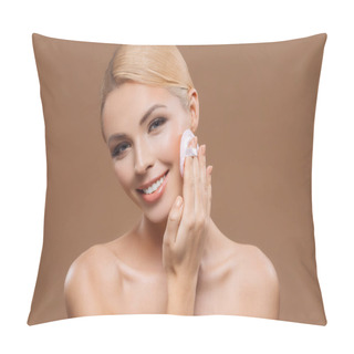Personality  Beautiful Happy Woman With Perfect Skin Applying Makeup With Powder Puff, Isolated On Brown Pillow Covers
