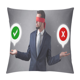 Personality  Blindfolded Businessman Trying To Choose Pillow Covers