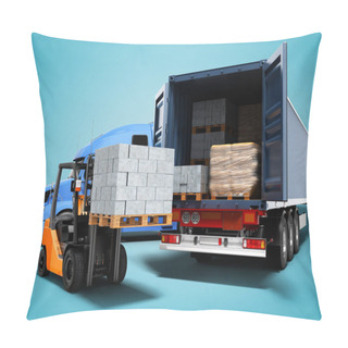 Personality  Modern Concept Of Loading And Unloading Cargo From Blue Tractor With Truck With Building Materials And Forklift With Pallet, Isolated 3d Render On Blue Background With Shadow Pillow Covers
