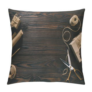 Personality  Flat Lay With Wrapped Presents, Rope And Scissors On Wooden Surface Pillow Covers