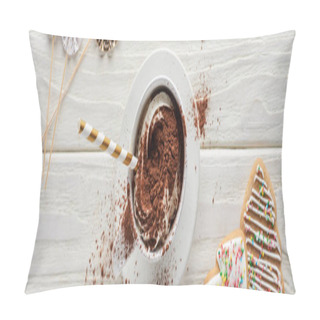 Personality  Top View Of Christmas Cacao In Mug With Decoration And Cookies On White Wooden Table, Panoramic Shot Pillow Covers