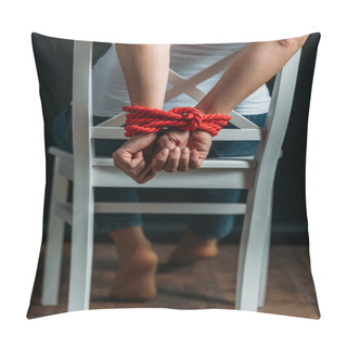 Personality  Cropped View Of Woman With Tied Hands On Chair On Black Background Pillow Covers