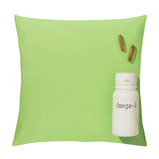 Personality  Top View Of Container With Omega-3 Lettering Near Capsules On Green Pillow Covers