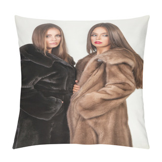 Personality  Fashion Shot Of Two Elegant Beautiful Girls  In Studio On Grey B Pillow Covers