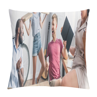 Personality  Panoramic Crop Of Multiethnic Business People With Smartphone, Clipboard And Pizza Boxes In Office  Pillow Covers
