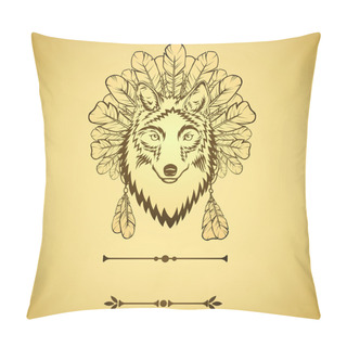 Personality  Totem Illustration With Wolf And Feathers Pillow Covers