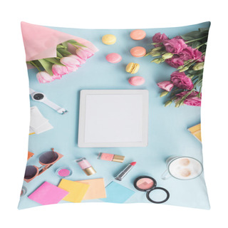 Personality  Tablet, Various Accessories And Flowers On Tabletop Pillow Covers