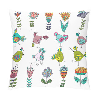 Personality  Set Of Cute Birds In Different Actions With Flowers. Pillow Covers