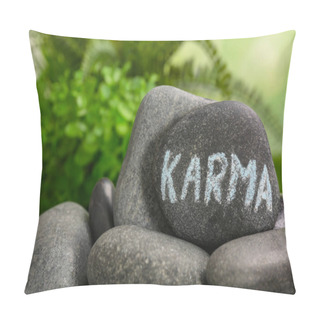 Personality  Stone With Word Karma On Blurred Background, Closeup. Space For Text Pillow Covers