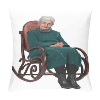 Personality  Old Woman Sitting On A Wooden Rocking Chair Isolated Against A White Background. Pillow Covers