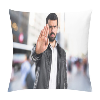 Personality  Man With Leather Jacket Making Stop Sign Pillow Covers