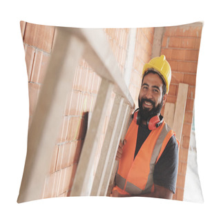 Personality  Portrait Of Happy Hispanic Worker Smiling In Construction Site Pillow Covers