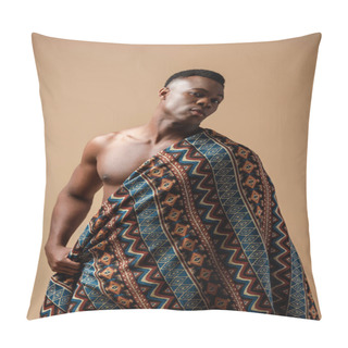 Personality  Sexy Naked Tribal Afro Man Covered In Blanket Posing Isolated On Beige Pillow Covers