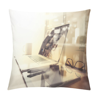 Personality  Office Workplace With Laptop And Smart Phone On Wood Table And L Pillow Covers