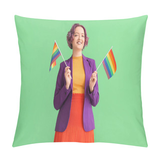 Personality  Young Woman With LGBT Flags On Green Background Pillow Covers