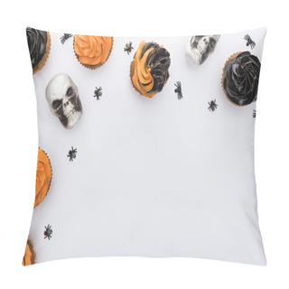 Personality  Top View Of Halloween Cupcakes With Spiders And Skulls On White Background With Copy Space Pillow Covers
