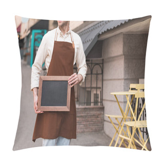 Personality  Cropped View Of Smiling Barista In Brown Apron Holding Chalkboard Menu On Street Pillow Covers