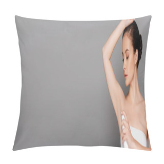 Personality  Beautiful Brunette Woman Holding Deodorant Near Armpit Isolated On Grey, Panoramic Shot Pillow Covers