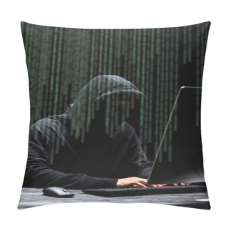 Personality  Hacker In Mask Sitting Near Computer Monitor And Typing On Computer Keyboard  Near Illustration On Black  Pillow Covers