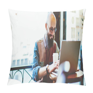 Personality  Young Cheerful Focused Spectacled Bearded Bald Man In Stylish Shirt Typing On Laptop While Sitting In Cafe With Cup Of Coffee At Daytime Pillow Covers