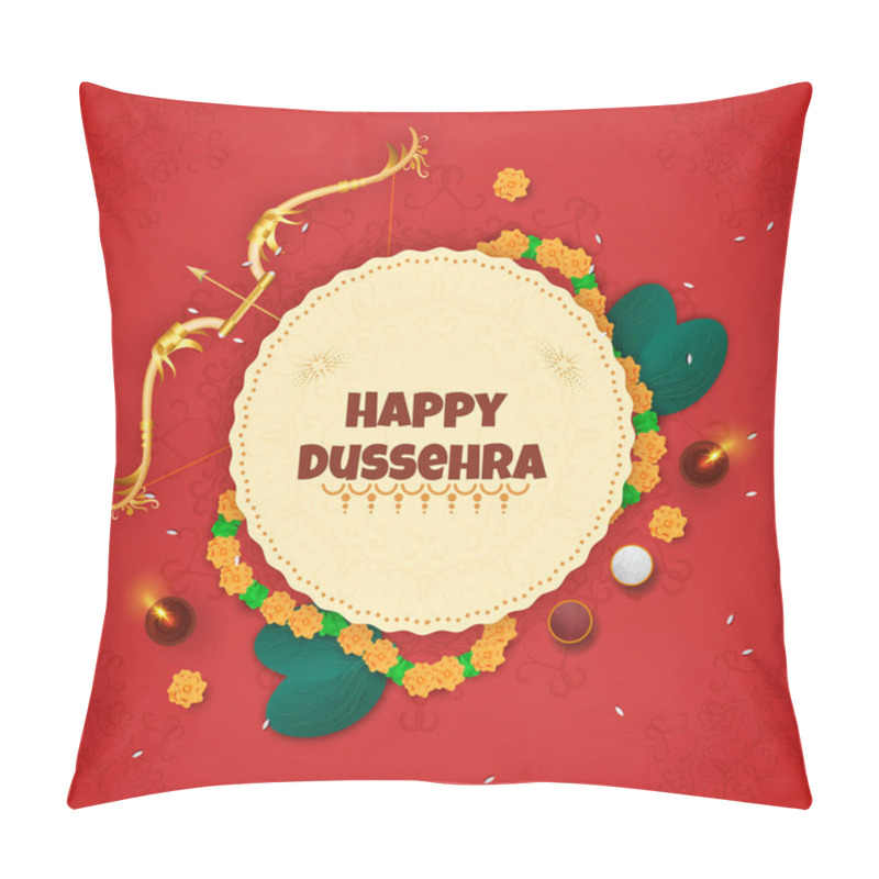 Personality  Happy Dussehra Font Over Circular Frame Decorated With Floral Garland, Golden Bow Arrow, Apta Leaves And Lit Oil Lamp (Diya) On Red Mandala Background. Pillow Covers