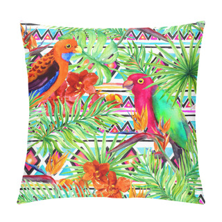 Personality  Tribal Pattern, Tropical Leaves, Parrot Birds. Seamless Ethnic Background. Watercolor Pillow Covers