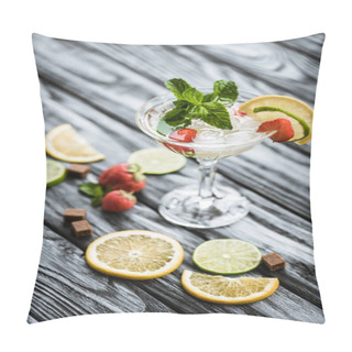 Personality  Close-up View Of Fresh Summer Cocktail With Mint And Fruits In Glass On Wooden Table Pillow Covers