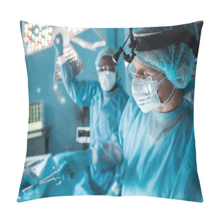 Personality  Cropped Image Of Nurse Passing Medical Scissors To Surgeon In Operating Room Pillow Covers