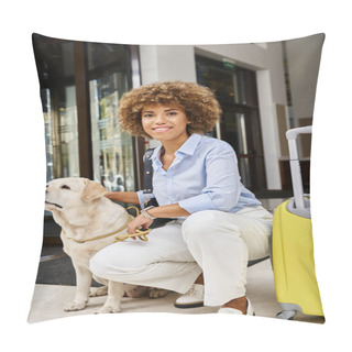 Personality  Joyful Traveler With Her Labrador In A Pet-friendly Hotel Entrance, African American Woman With Dog Pillow Covers