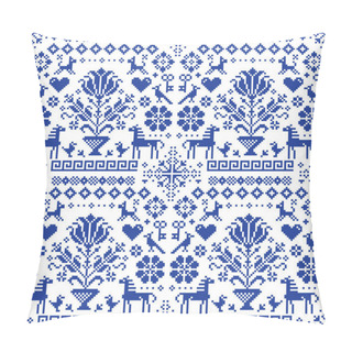 Personality  Retro Traditional Cross-stitch Vector Seamless Pattern - Repetitive Background Inspired German Old Style Embroidery With Flowers And Animals. Navy Blue Symmetric Floral Decoration With Birds, Horses And Dogs, Old Textile Ornament Pillow Covers
