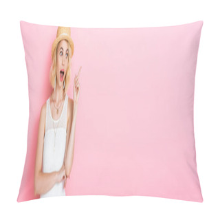 Personality  Horizontal Image Of Excited Woman In Straw Hat Having Idea On Pink  Pillow Covers