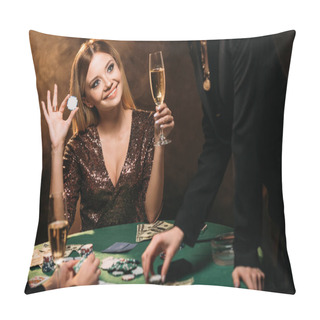 Personality  Beautiful Smiling Woman Holding Glass Of Champagne And Poker Chip At Table In Casino Pillow Covers