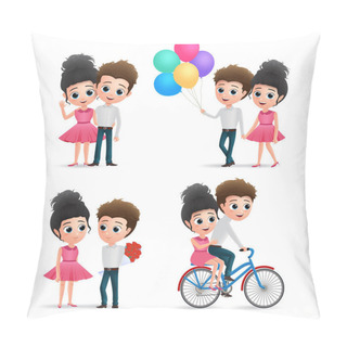 Personality  Valentines Couple Dating Character Vector Set. Female And Male Lovers Valentine Character In Walking, Bike Riding, Surprising, Waving And Holding Colorful Balloons Isolated In White Background. Vector Illustration.    Pillow Covers