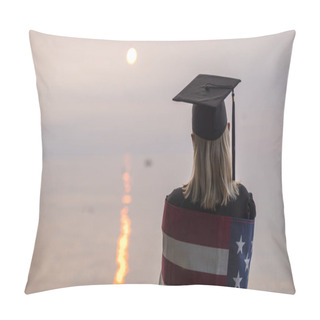 Personality  Woman Stands By The Sea With The U.S. Flag On Her Shoulders Pillow Covers