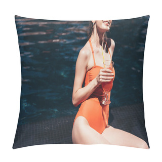 Personality  Cropped View Of Young Woman Sunbathing On Poolside With Glass Of Refreshing Drink Pillow Covers